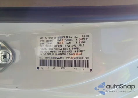 2009 Honda Accord 3.5 Ex-L из США, поврежденный, VIN 1HGCS22809A003558